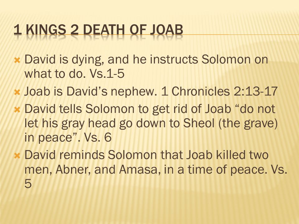  David is dying, and he instructs Solomon on what to do.