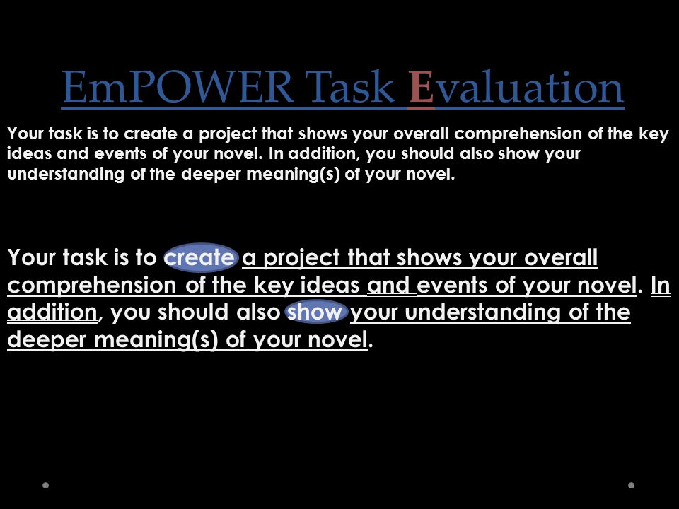 EmPOWER Task Evaluation Your task is to create a project that shows your overall comprehension of the key ideas and events of your novel.