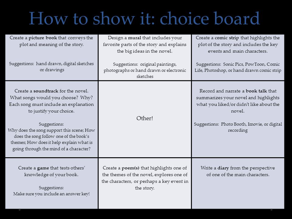 How to show it: choice board Create a picture book that conveys the plot and meaning of the story.