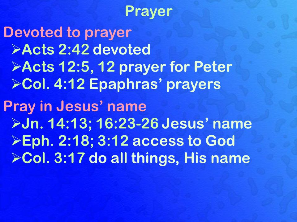 Prayer Devoted to prayer  Acts 2:42 devoted  Acts 12:5, 12 prayer for Peter  Col.