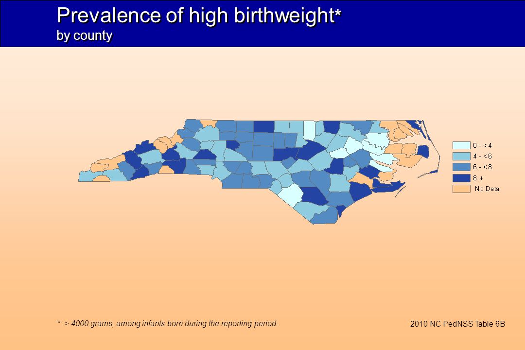 Prevalence of high birthweight * by county * > 4000 grams, among infants born during the reporting period.