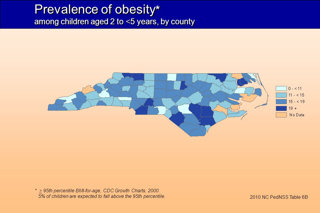 Prevalence of obesity * among children aged 2 to <5 years, by county * > 95th percentile BMI-for-age, CDC Growth Charts, 2000.