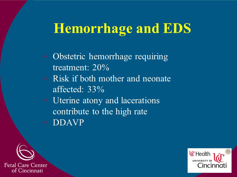 Hemorrhage and EDS Obstetric hemorrhage requiring treatment: 20% Risk if both mother and neonate affected: 33% Uterine atony and lacerations contribute to the high rate DDAVP