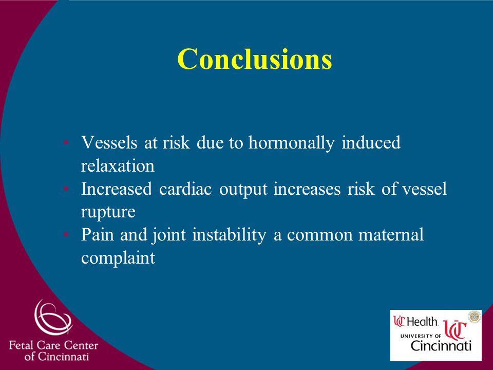 Conclusions Vessels at risk due to hormonally induced relaxation Increased cardiac output increases risk of vessel rupture Pain and joint instability a common maternal complaint
