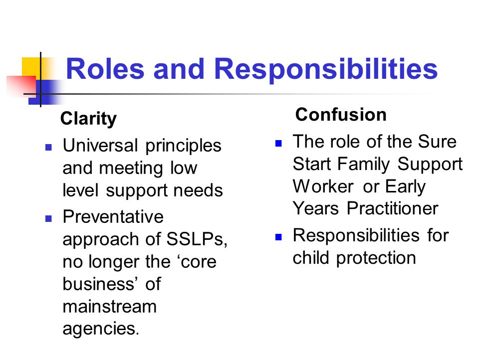Roles and Responsibilities Clarity Universal principles and meeting low level support needs Preventative approach of SSLPs, no longer the ‘core business’ of mainstream agencies.