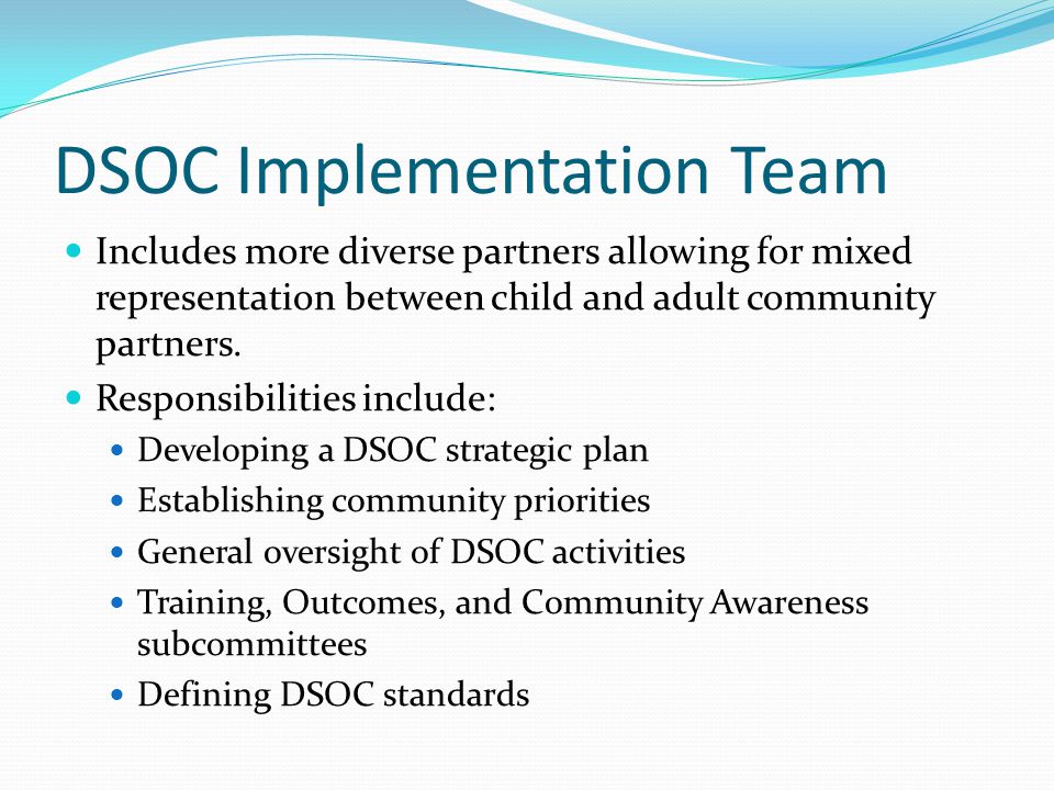 DSOC Implementation Team Includes more diverse partners allowing for mixed representation between child and adult community partners.