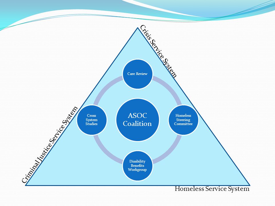 ASOC Coalition Care Review Homeless Steering Committee Disability Benefits Workgroup Cross System Studies Crisis Service System Homeless Service System Criminal Justice Service System