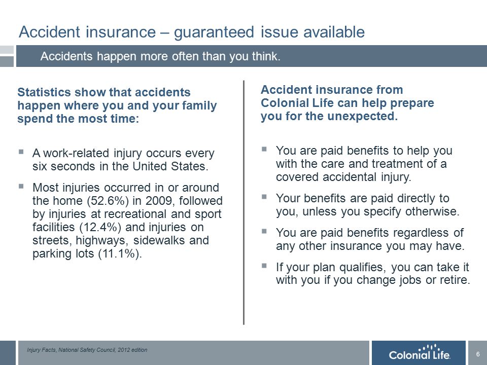 6 6 Accident insurance – guaranteed issue available Accidents happen more often than you think.