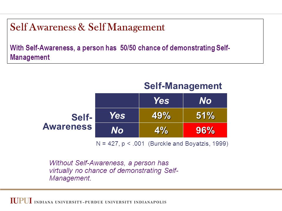 Self Awareness & Self Management With Self-Awareness, a person has 50/50 chance of demonstrating Self- Management 49% 4% 51% 96% YesNo Yes No N = 427, p <.001 (Burckle and Boyatzis, 1999) Self-Management Self- Awareness Without Self-Awareness, a person has virtually no chance of demonstrating Self- Management.