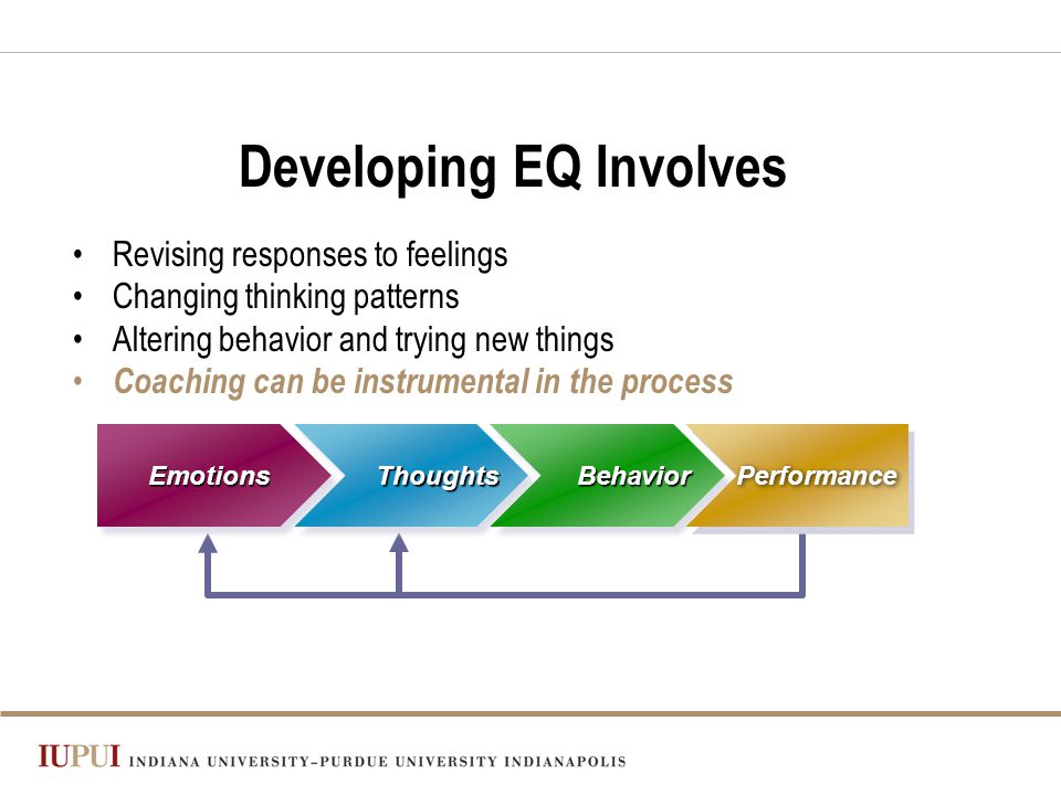Emotions Thoughts Behavior Performance Developing EQ Involves Revising responses to feelings Changing thinking patterns Altering behavior and trying new things Coaching can be instrumental in the process