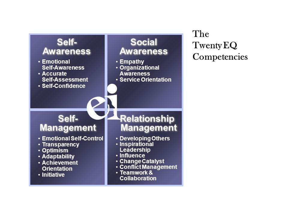 Self- Awareness Self- Awareness Social Awareness Social Awareness Self- Management Self- Management Relationship Management Emotional Self-Awareness Accurate Self-Assessment Self-Confidence Empathy Organizational Awareness Service Orientation Emotional Self-Control Transparency Optimism Adaptability Achievement Orientation Initiative Developing Others Inspirational Leadership Influence Change Catalyst Conflict Management Teamwork & Collaboration The Twenty EQ Competencies