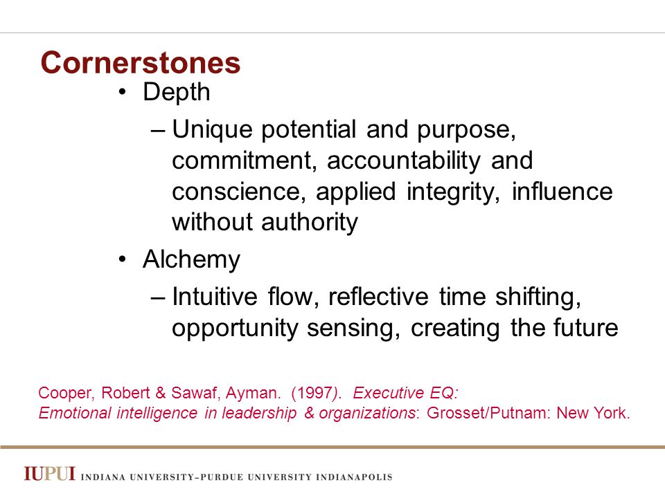 Cornerstones Depth –Unique potential and purpose, commitment, accountability and conscience, applied integrity, influence without authority Alchemy –Intuitive flow, reflective time shifting, opportunity sensing, creating the future Cooper, Robert & Sawaf, Ayman.