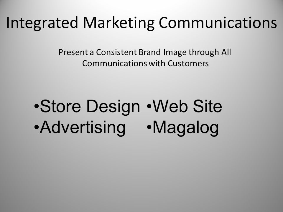 Integrated Marketing Communications Present a Consistent Brand Image through All Communications with Customers Store Design Advertising Web Site Magalog