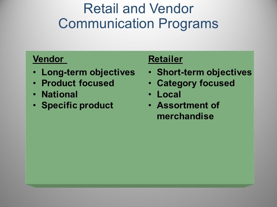 Retail and Vendor Communication Programs Vendor Long-term objectives Product focused National Specific product Retailer Short-term objectives Category focused Local Assortment of merchandise