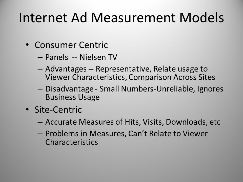 Internet Ad Measurement Models Consumer Centric – Panels -- Nielsen TV – Advantages -- Representative, Relate usage to Viewer Characteristics, Comparison Across Sites – Disadvantage - Small Numbers-Unreliable, Ignores Business Usage Site-Centric – Accurate Measures of Hits, Visits, Downloads, etc – Problems in Measures, Can’t Relate to Viewer Characteristics