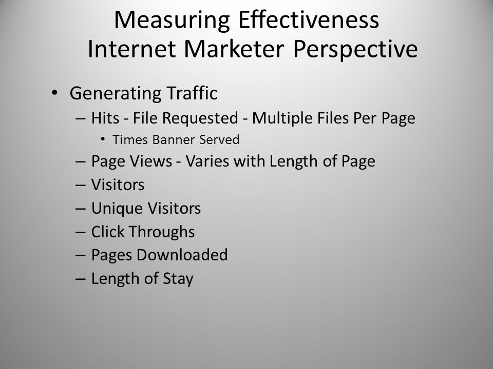 Measuring Effectiveness Internet Marketer Perspective Generating Traffic – Hits - File Requested - Multiple Files Per Page Times Banner Served – Page Views - Varies with Length of Page – Visitors – Unique Visitors – Click Throughs – Pages Downloaded – Length of Stay