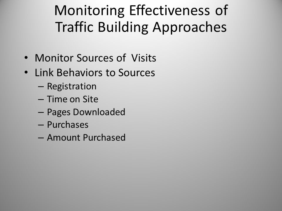 Monitoring Effectiveness of Traffic Building Approaches Monitor Sources of Visits Link Behaviors to Sources – Registration – Time on Site – Pages Downloaded – Purchases – Amount Purchased