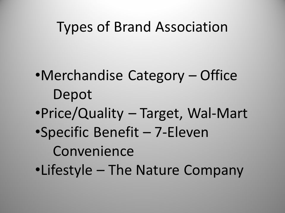 Types of Brand Association Merchandise Category – Office Depot Price/Quality – Target, Wal-Mart Specific Benefit – 7-Eleven Convenience Lifestyle – The Nature Company