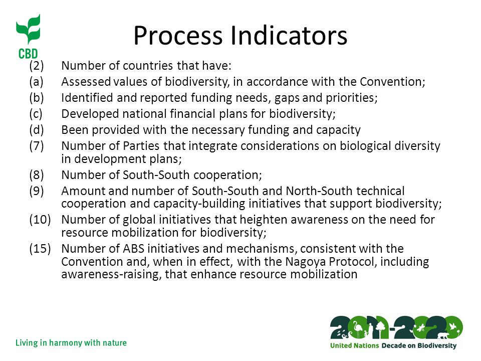 Process Indicators (2) Number of countries that have: (a)Assessed values of biodiversity, in accordance with the Convention; (b)Identified and reported funding needs, gaps and priorities; (c) Developed national financial plans for biodiversity; (d)Been provided with the necessary funding and capacity (7) Number of Parties that integrate considerations on biological diversity in development plans; (8) Number of South-South cooperation; (9) Amount and number of South-South and North-South technical cooperation and capacity ‑ building initiatives that support biodiversity; (10)Number of global initiatives that heighten awareness on the need for resource mobilization for biodiversity; (15)Number of ABS initiatives and mechanisms, consistent with the Convention and, when in effect, with the Nagoya Protocol, including awareness-raising, that enhance resource mobilization