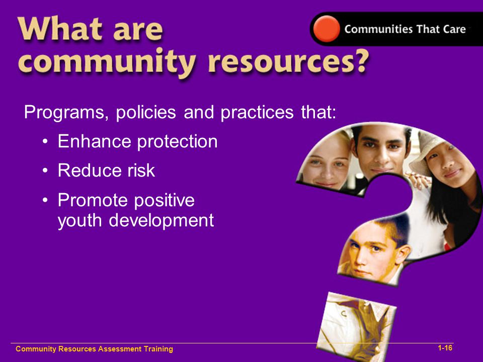 Programs, policies and practices that: Enhance protection Reduce risk Promote positive youth development Community Resources Assessment Training 1-16