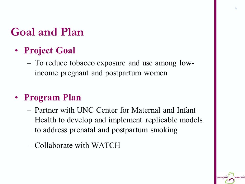4 Goal and Plan Project Goal –To reduce tobacco exposure and use among low- income pregnant and postpartum women Program Plan –Partner with UNC Center for Maternal and Infant Health to develop and implement replicable models to address prenatal and postpartum smoking –Collaborate with WATCH