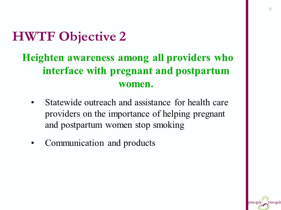 6 HWTF Objective 2 Heighten awareness among all providers who interface with pregnant and postpartum women.