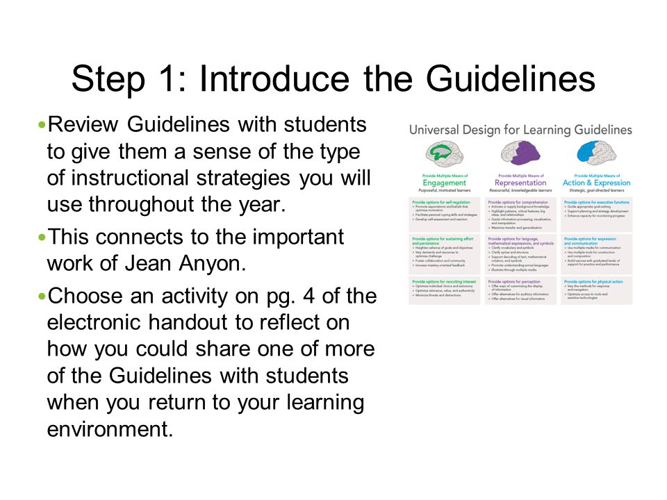 Step 1: Introduce the Guidelines Review Guidelines with students to give them a sense of the type of instructional strategies you will use throughout the year.