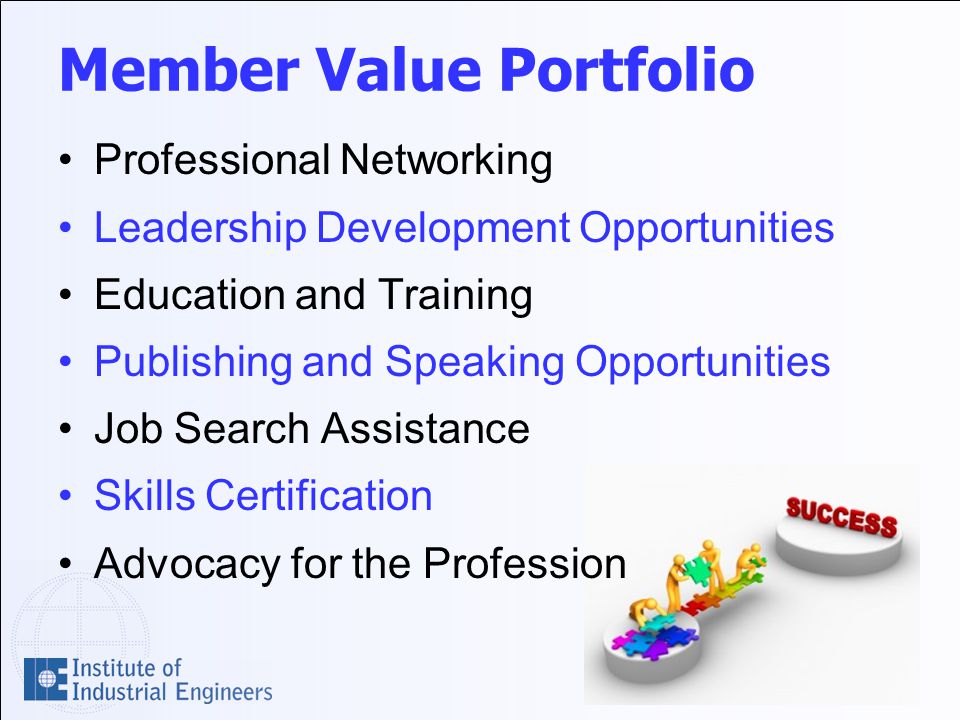 Member Value Portfolio Professional Networking Leadership Development Opportunities Education and Training Publishing and Speaking Opportunities Job Search Assistance Skills Certification Advocacy for the Profession