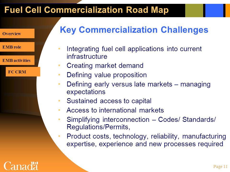 Page 11 Fuel Cell Commercialization Road Map Integrating fuel cell applications into current infrastructure Creating market demand Defining value proposition Defining early versus late markets – managing expectations Sustained access to capital Access to international markets Simplifying interconnection – Codes/ Standards/ Regulations/Permits, Product costs, technology, reliability, manufacturing expertise, experience and new processes required Key Commercialization Challenges Overview EMB role EMB activities FC CRM