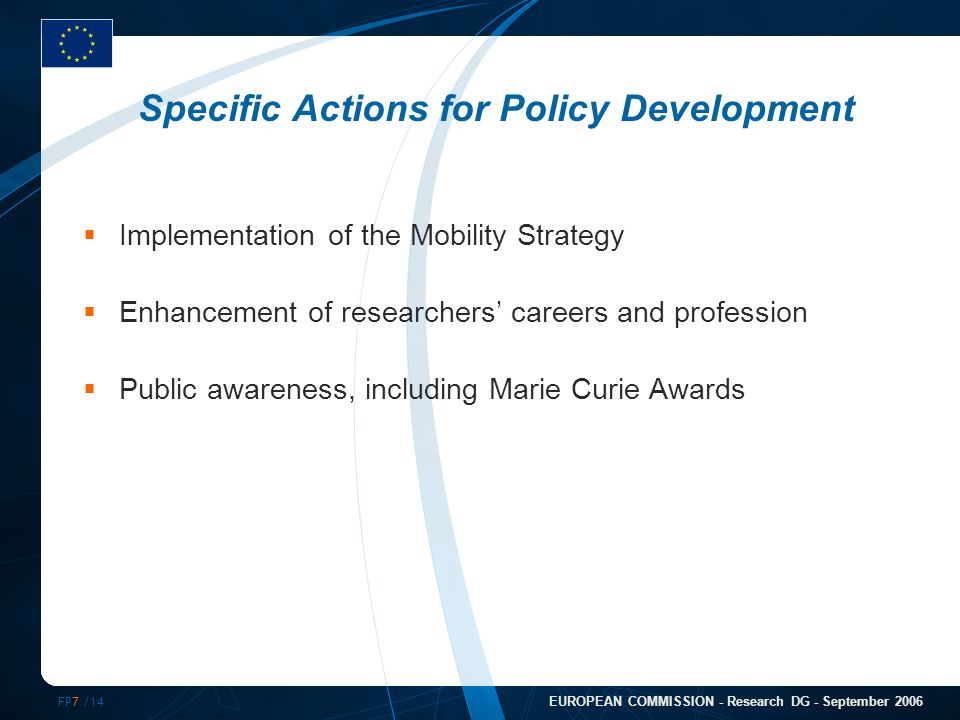 FP7 /14 EUROPEAN COMMISSION - Research DG - September 2006 Specific Actions for Policy Development  Implementation of the Mobility Strategy  Enhancement of researchers’ careers and profession  Public awareness, including Marie Curie Awards