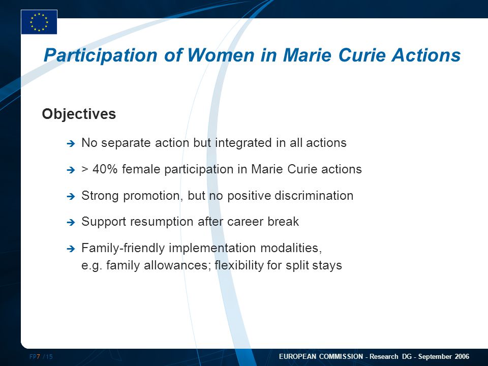 FP7 /15 EUROPEAN COMMISSION - Research DG - September 2006 Participation of Women in Marie Curie Actions Objectives  No separate action but integrated in all actions  > 40% female participation in Marie Curie actions  Strong promotion, but no positive discrimination  Support resumption after career break  Family-friendly implementation modalities, e.g.