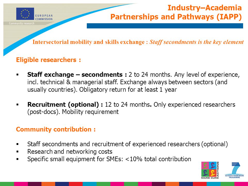 Industry–Academia Partnerships and Pathways (IAPP) Eligible researchers :  Staff exchange – secondments : 2 to 24 months.