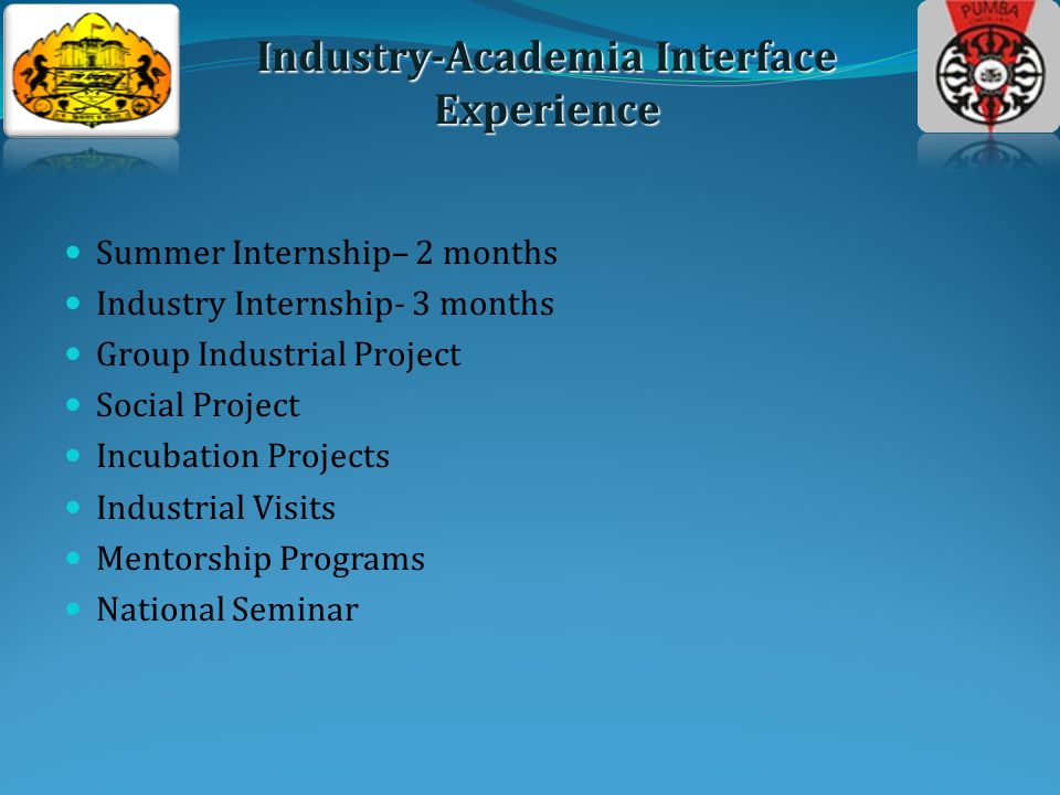 Industry-Academia Interface Experience Summer Internship– 2 months Industry Internship- 3 months Group Industrial Project Social Project Incubation Projects Industrial Visits Mentorship Programs National Seminar