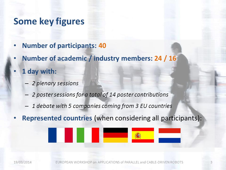 Some key figures Number of participants: 40 Number of academic / industry members: 24 / 16 1 day with: – 2 plenary sessions – 2 poster sessions for a total of 14 poster contributions – 1 debate with 5 companies coming from 3 EU countries Represented countries (when considering all participants): 19/03/2014EUROPEAN WORKSHOP on APPLICATIONS of PARALLEL and CABLE-DRIVEN ROBOTS3