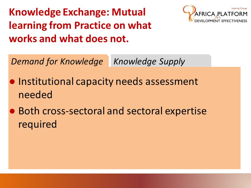 Knowledge Exchange: Mutual learning from Practice on what works and what does not.