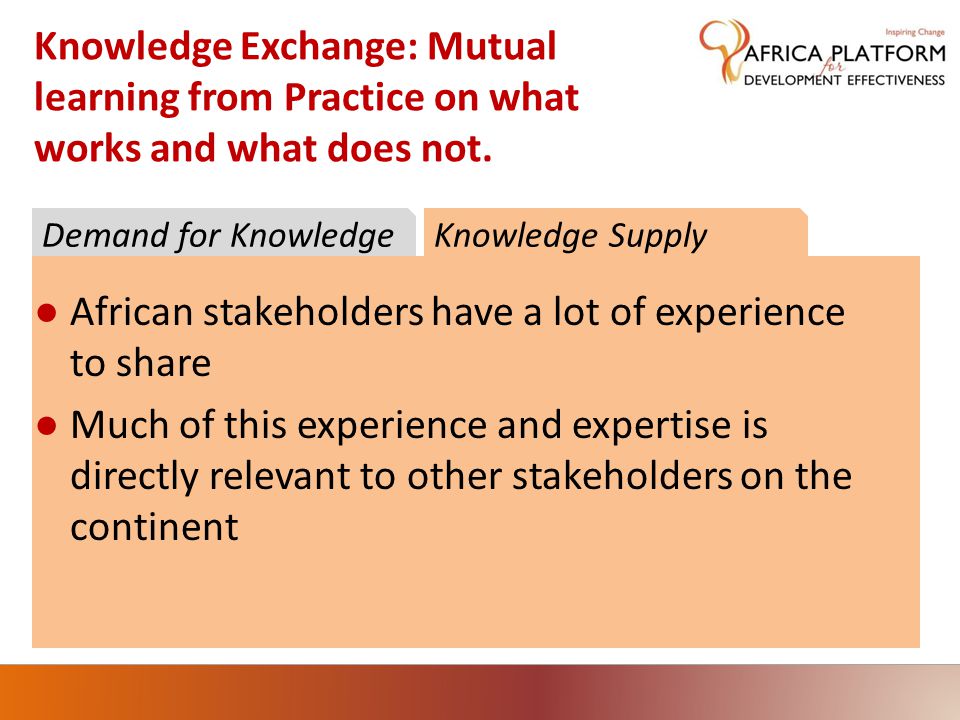 Knowledge Exchange: Mutual learning from Practice on what works and what does not.
