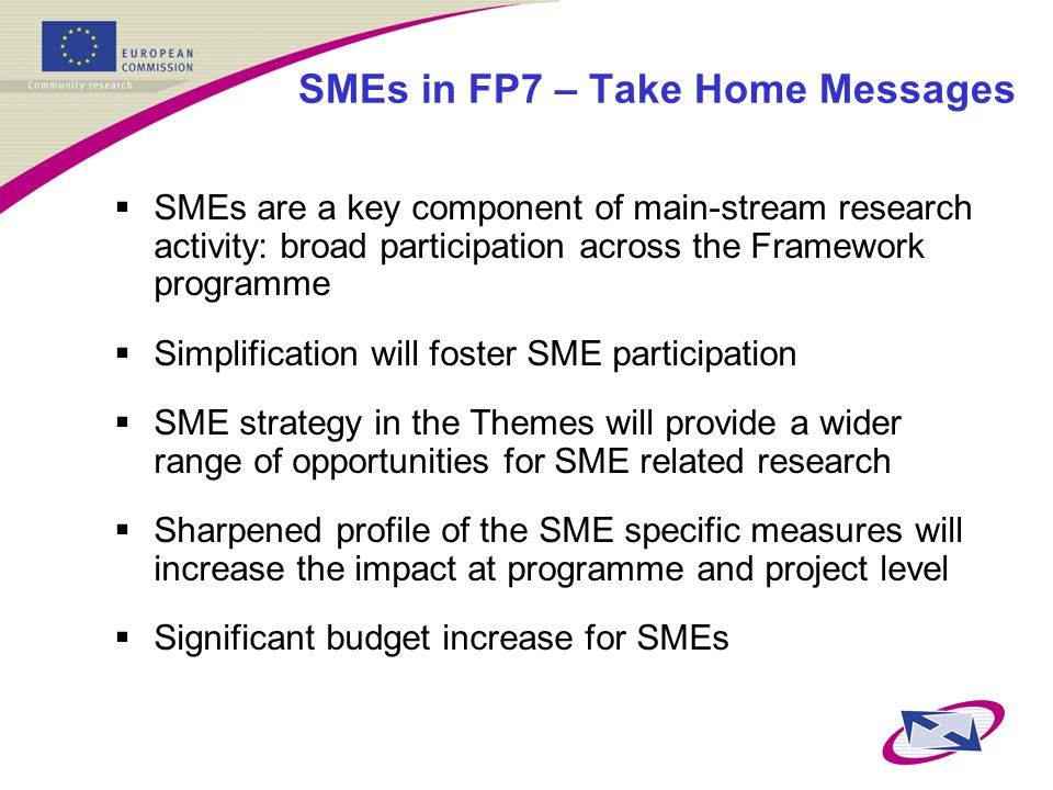 SMEs in FP7 – Take Home Messages  SMEs are a key component of main-stream research activity: broad participation across the Framework programme  Simplification will foster SME participation  SME strategy in the Themes will provide a wider range of opportunities for SME related research  Sharpened profile of the SME specific measures will increase the impact at programme and project level  Significant budget increase for SMEs