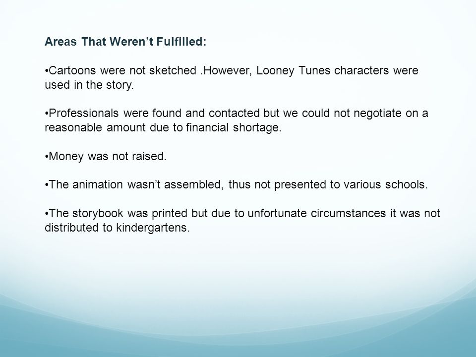 Areas That Weren’t Fulfilled: Cartoons were not sketched.However, Looney Tunes characters were used in the story.
