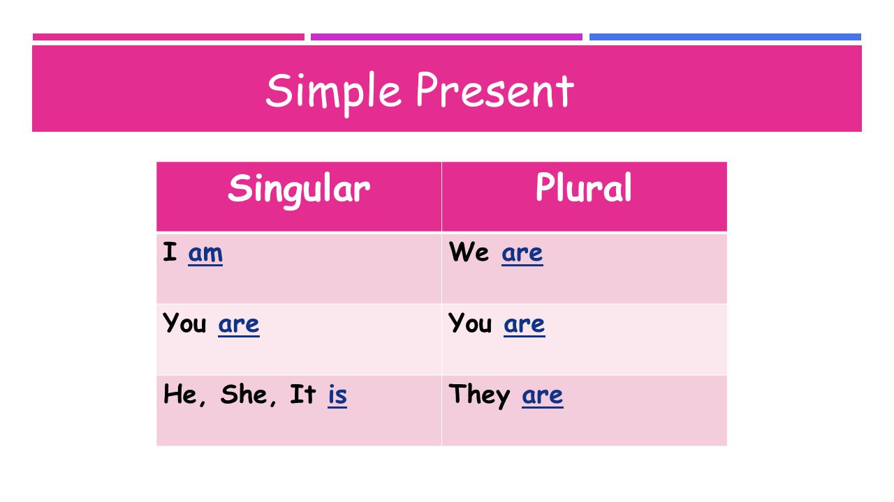 SingularPlural I amWe are You are He, She, It isThey are Simple Present