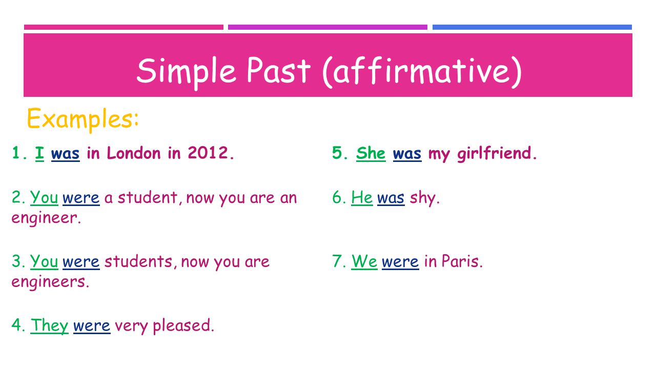 Examples: Simple Past (affirmative) 1. I was in London in
