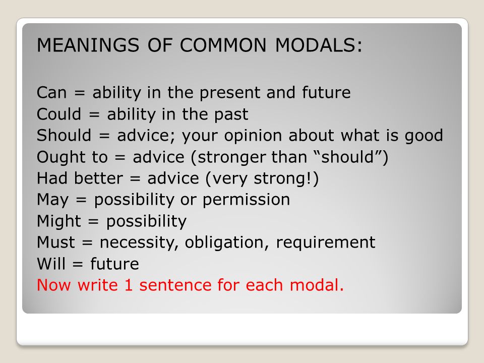 MEANINGS OF COMMON MODALS: Can = ability in the present and future Could = ability in the past Should = advice; your opinion about what is good Ought to = advice (stronger than should ) Had better = advice (very strong!) May = possibility or permission Might = possibility Must = necessity, obligation, requirement Will = future Now write 1 sentence for each modal.
