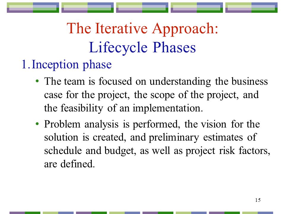 15 The Iterative Approach: Lifecycle Phases 1.Inception phase The team is focused on understanding the business case for the project, the scope of the project, and the feasibility of an implementation.