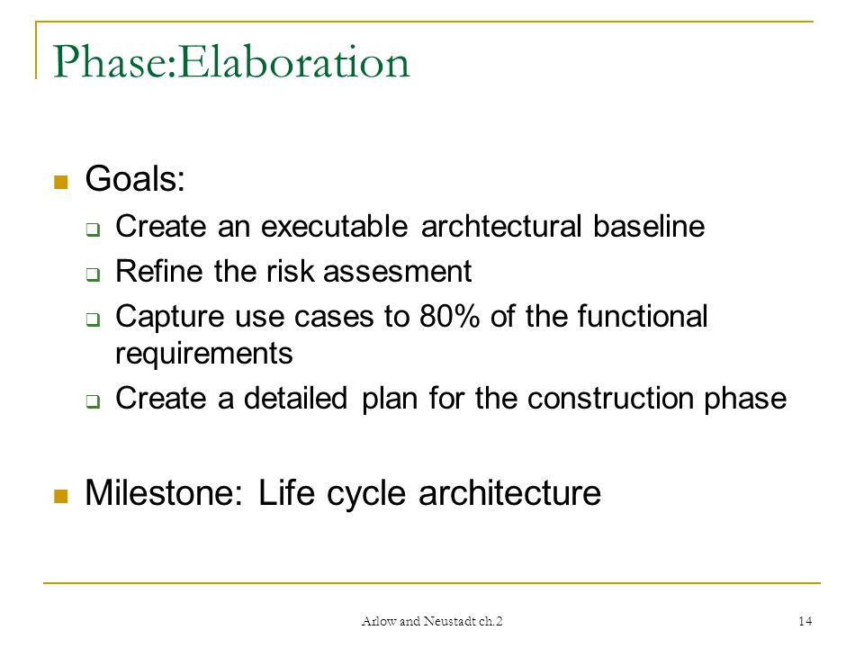 Arlow and Neustadt ch.2 14 Phase:Elaboration Goals:  Create an executable archtectural baseline  Refine the risk assesment  Capture use cases to 80% of the functional requirements  Create a detailed plan for the construction phase Milestone: Life cycle architecture