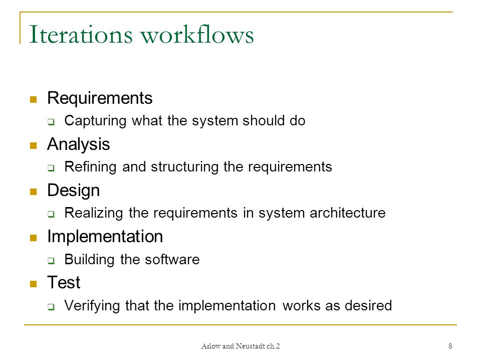Arlow and Neustadt ch.2 8 Iterations workflows Requirements  Capturing what the system should do Analysis  Refining and structuring the requirements Design  Realizing the requirements in system architecture Implementation  Building the software Test  Verifying that the implementation works as desired