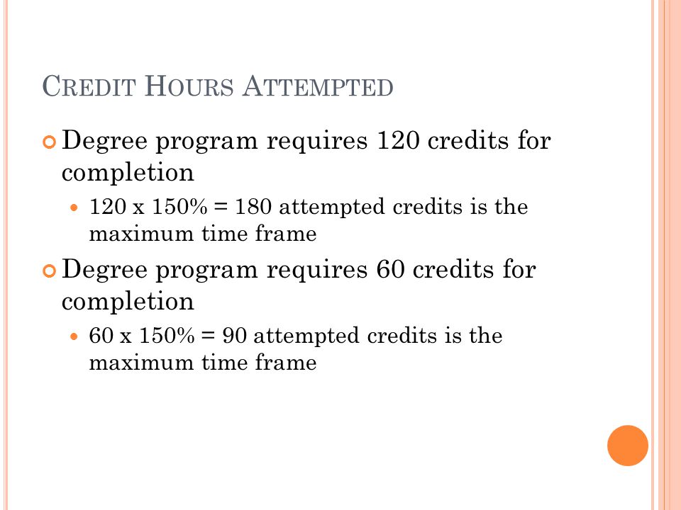 C REDIT H OURS A TTEMPTED Degree program requires 120 credits for completion 120 x 150% = 180 attempted credits is the maximum time frame Degree program requires 60 credits for completion 60 x 150% = 90 attempted credits is the maximum time frame