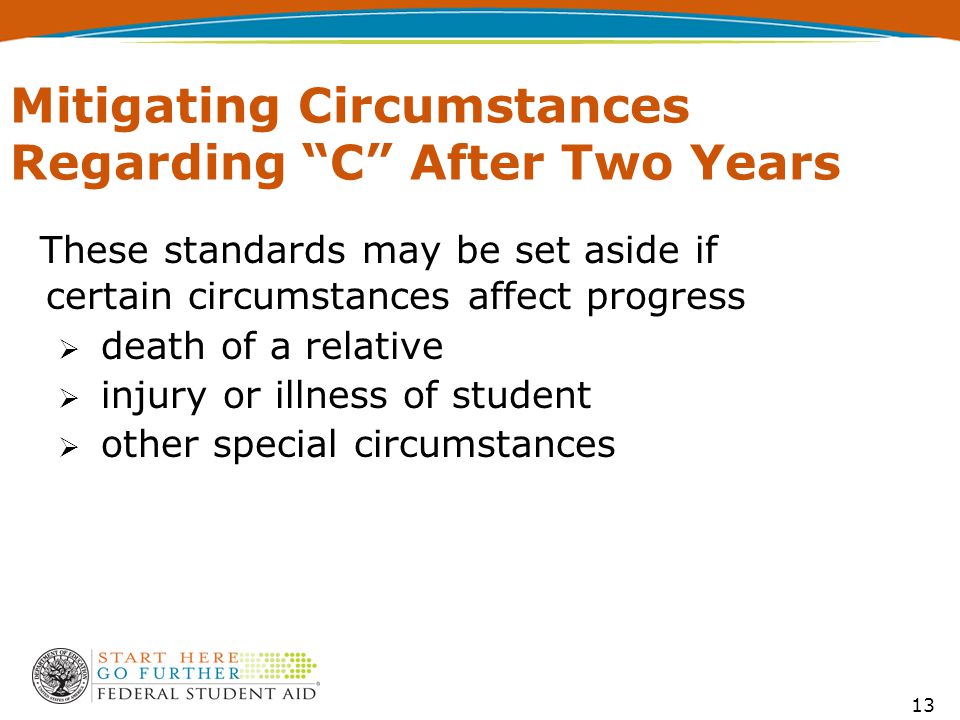 13 Mitigating Circumstances Regarding C After Two Years These standards may be set aside if certain circumstances affect progress  death of a relative  injury or illness of student  other special circumstances