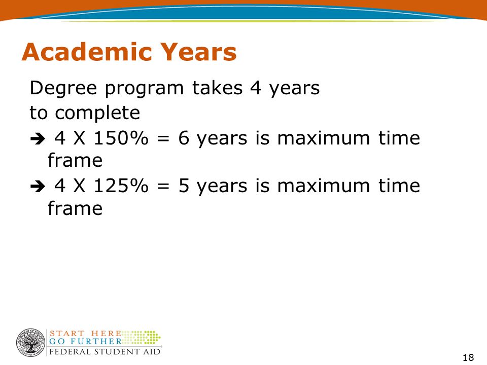 18 Academic Years Degree program takes 4 years to complete è 4 X 150% = 6 years is maximum time frame è 4 X 125% = 5 years is maximum time frame