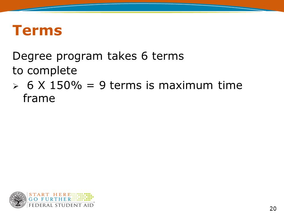 20 Terms Degree program takes 6 terms to complete  6 X 150% = 9 terms is maximum time frame