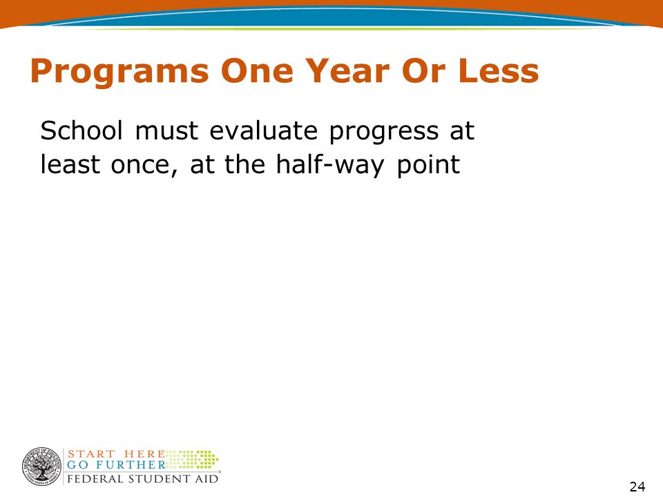 24 Programs One Year Or Less School must evaluate progress at least once, at the half-way point