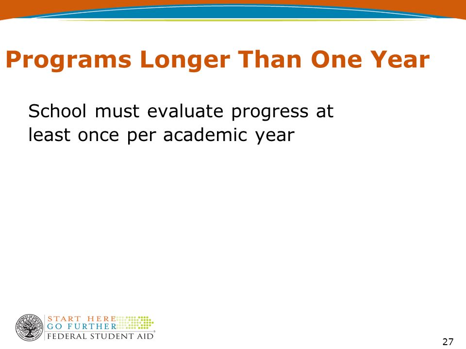27 Programs Longer Than One Year School must evaluate progress at least once per academic year